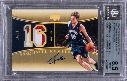 2004-05 UD "Exquisite Collection" Exquisite Number Pieces #PG Pau Gasol Signed Game Used Patch Card (#16/16) - BGS NM-MT+ 8.5/BGS 10